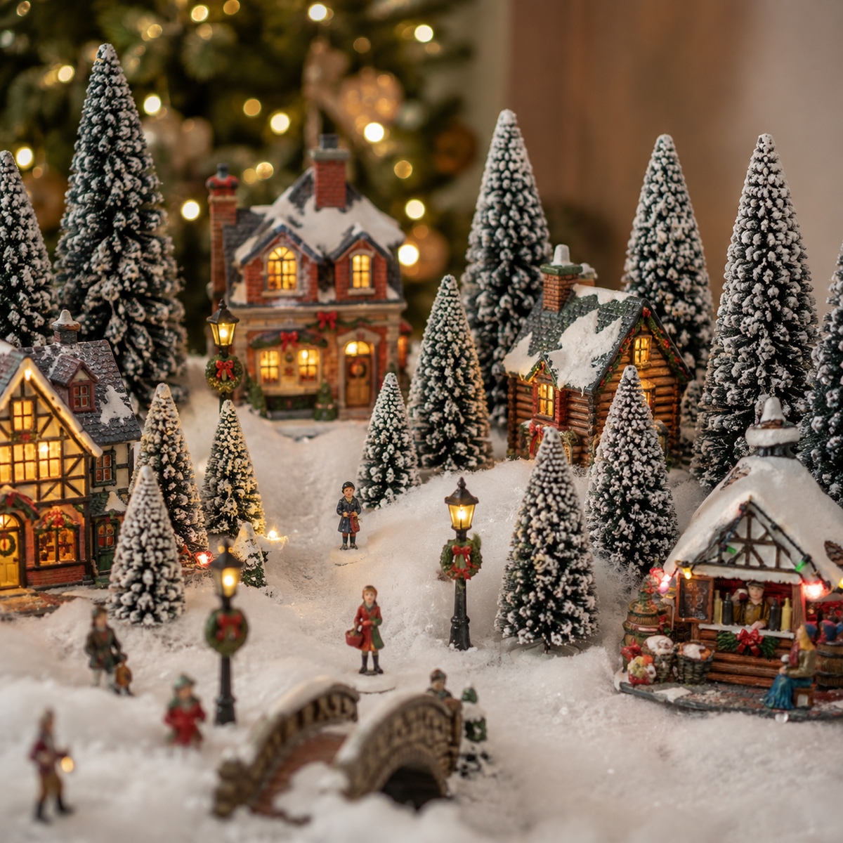 Kerstdorp besneeuwde dennenbomen set, 12 stuks, verschillende hoogtes