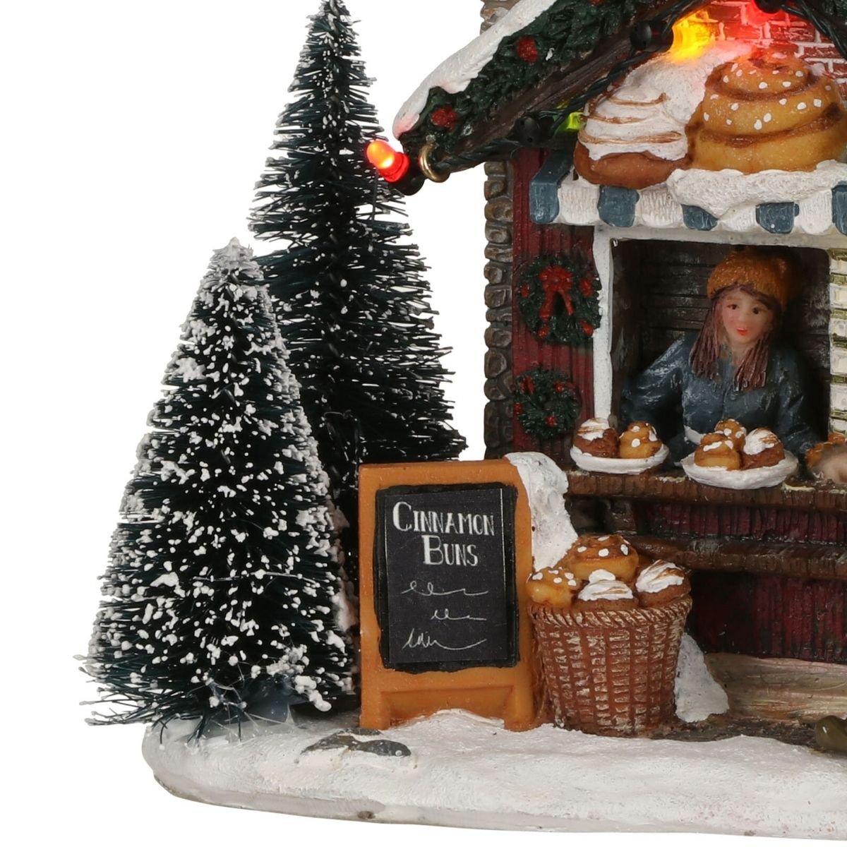 Kerstdorp kraam met kaneelbroodjes en verlichting, 12 × 8,5 × 10,5 cm