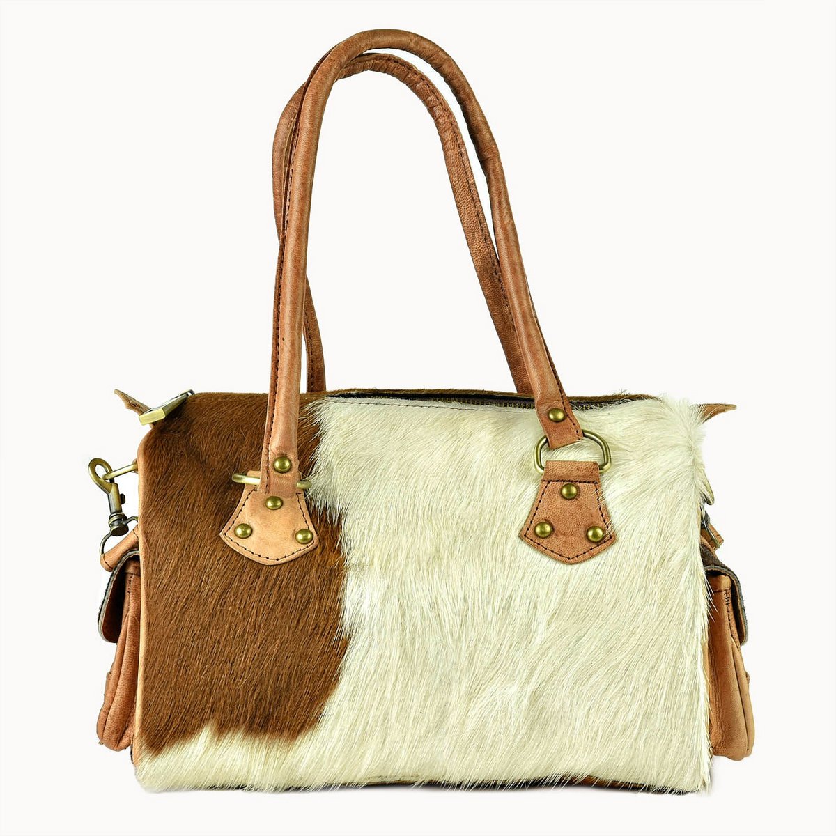 Yasmin leren handtas met koeienvacht, 30 × 15 × 19 cm