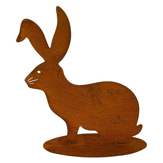 Roestmetalen konijn op bodemplaat, ca 24 x 25 cm