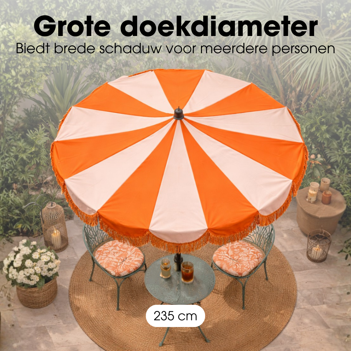 Oranje gestreepte parasol met franjes Ø235 cm