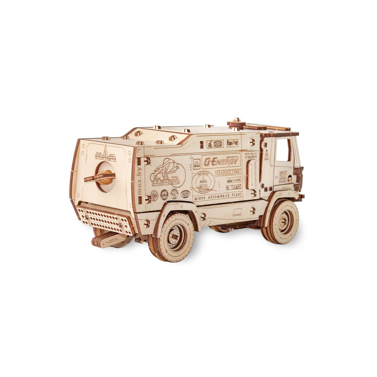 DIY houten mechanische puzzel rallytruck MAZ-5309RR, 35,2 x 13,1 x 16,7 cm