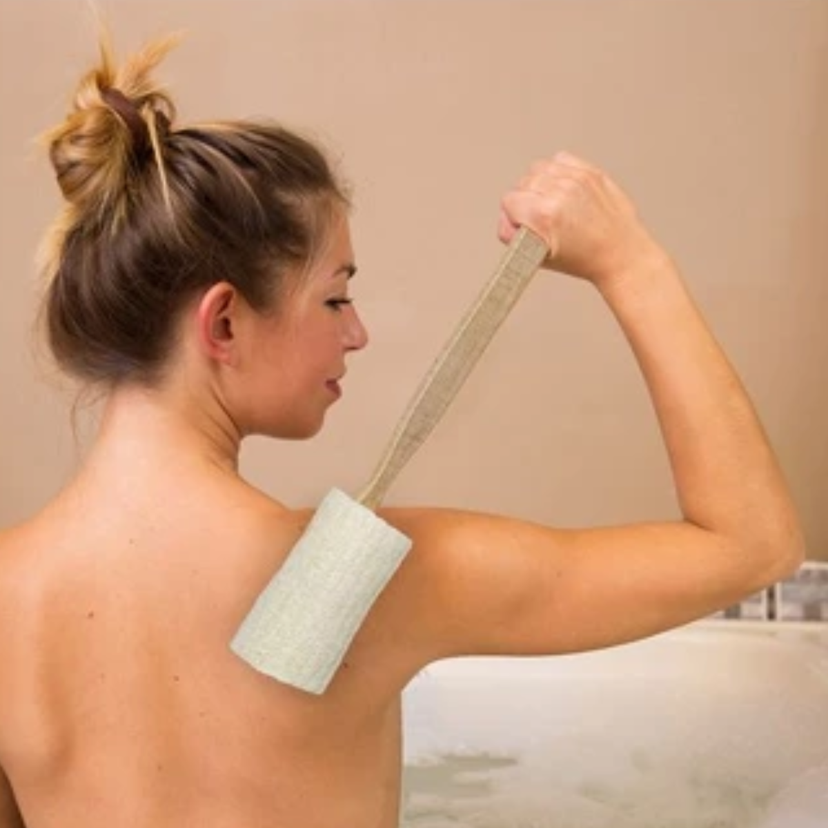 Loofah rugspons met handgrepen, natuurlijke scrub spons, 39 x 7 cm