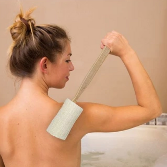 Loofah rugspons met handgrepen, natuurlijke scrub spons, 39 x 7 cm