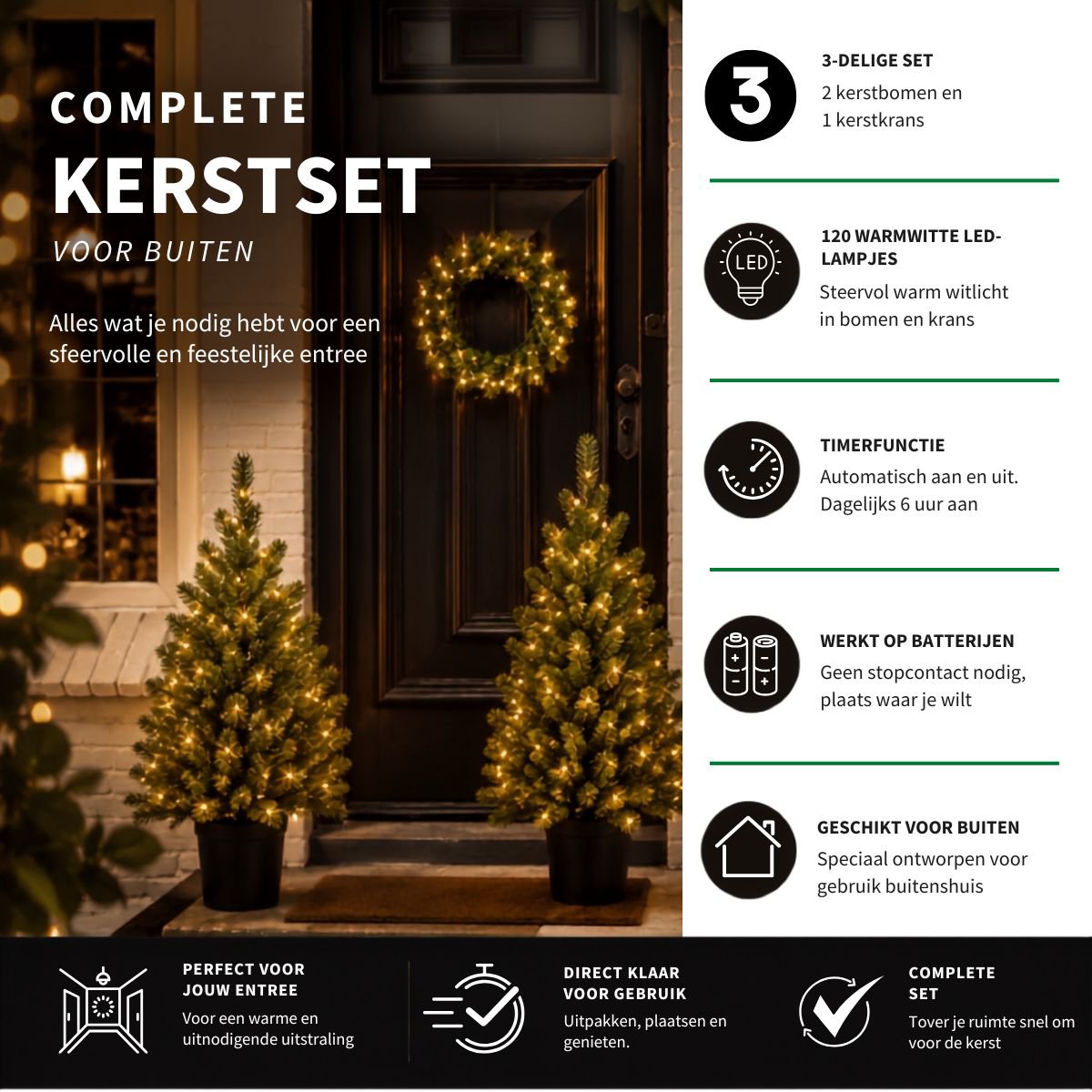 Nagoya set van 2 kunstkerstbomen en kerstkrans met verlichting, 90 cm, Ø 45 cm