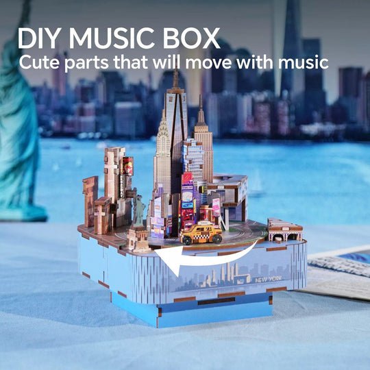 DIY 3D houten muziekdoos New York, 14 x 14 x 19 cm