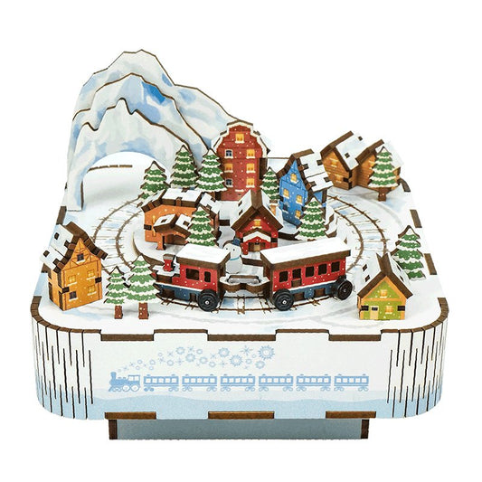 Houten muziekdoos 3D puzzel Snow Train, 14 cm