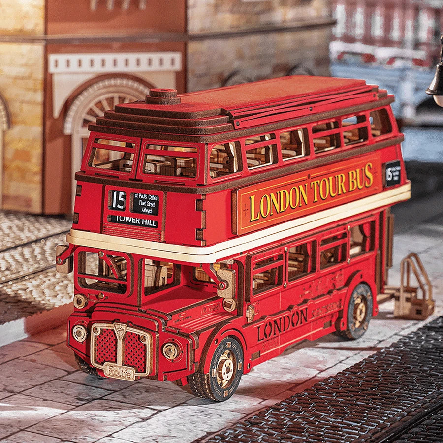 3D mechanische houten puzzel London tour bus 19,4 x 7,8 x 11,3 cm