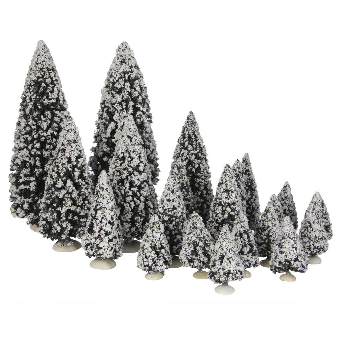 Kerstdorp besneeuwde dennenbomen set, 21 stuks, verschillende hoogtes