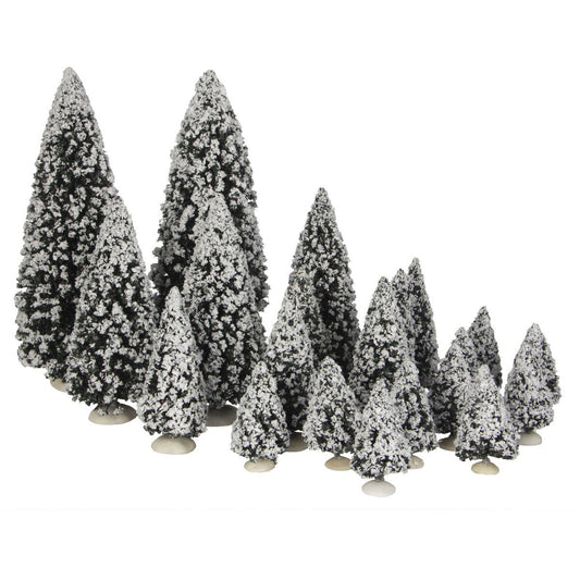 Kerstdorp besneeuwde dennenbomen set, 21 stuks, verschillende hoogtes