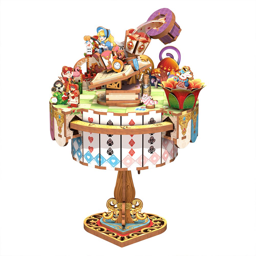 DIY 3D houten muziekdoos Alice's Tea Party, 13,7 x 13,2 x 20,9 cm