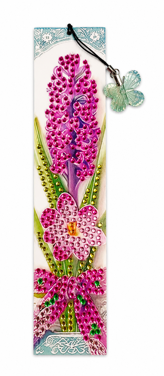 Boekenlegger met strass steentjes, roze bloemen en bedeltje, 4,5 x 19 cm