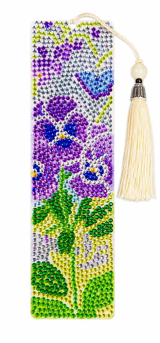 Boekenlegger met strass steentjes, paarse bloemen en kwastje, 5,5 x 19,5 cm