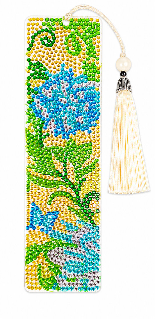 Boekenlegger met strass steentjes, blauwe bloemen en kwastje, 5,5 x 19,5 cm