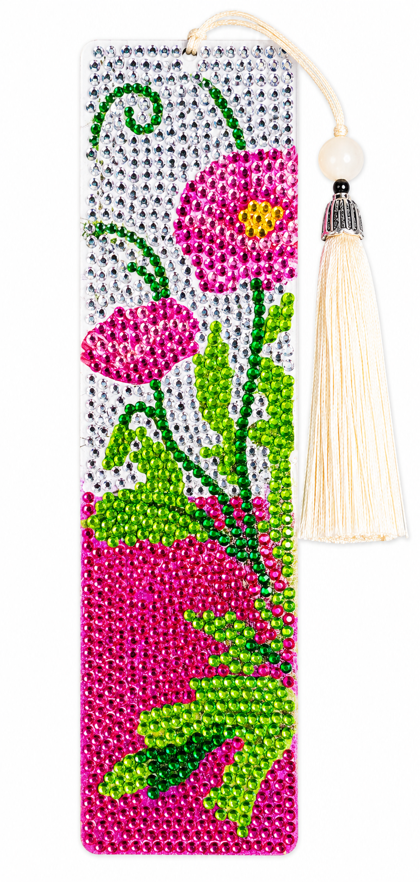 Boekenlegger met strass steentjes, roze bloemen en kwastje, 5,5 x 19,5 cm