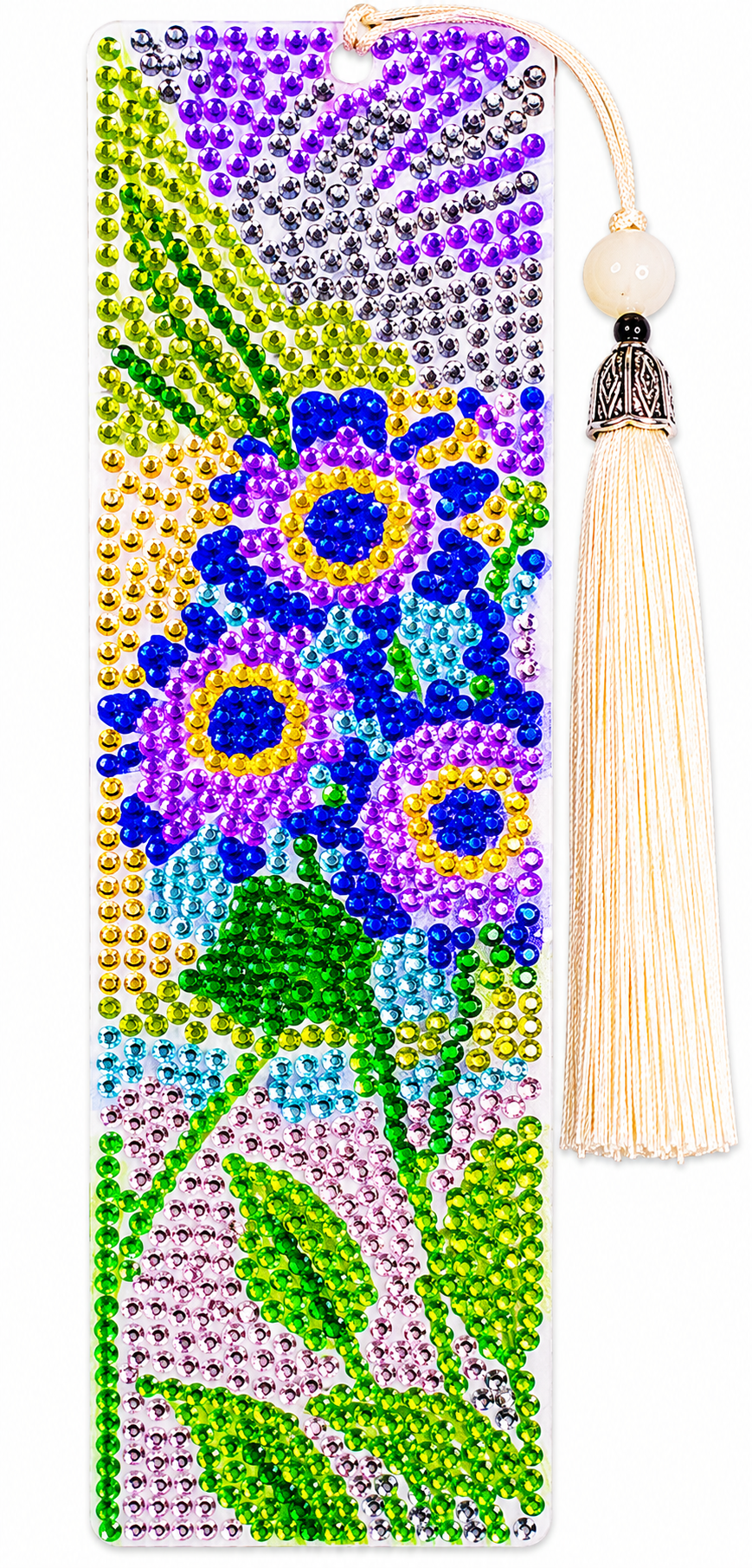 Boekenlegger met strass steentjes, paarse bloemen en kwastje, 5,5 x 19,5 cm