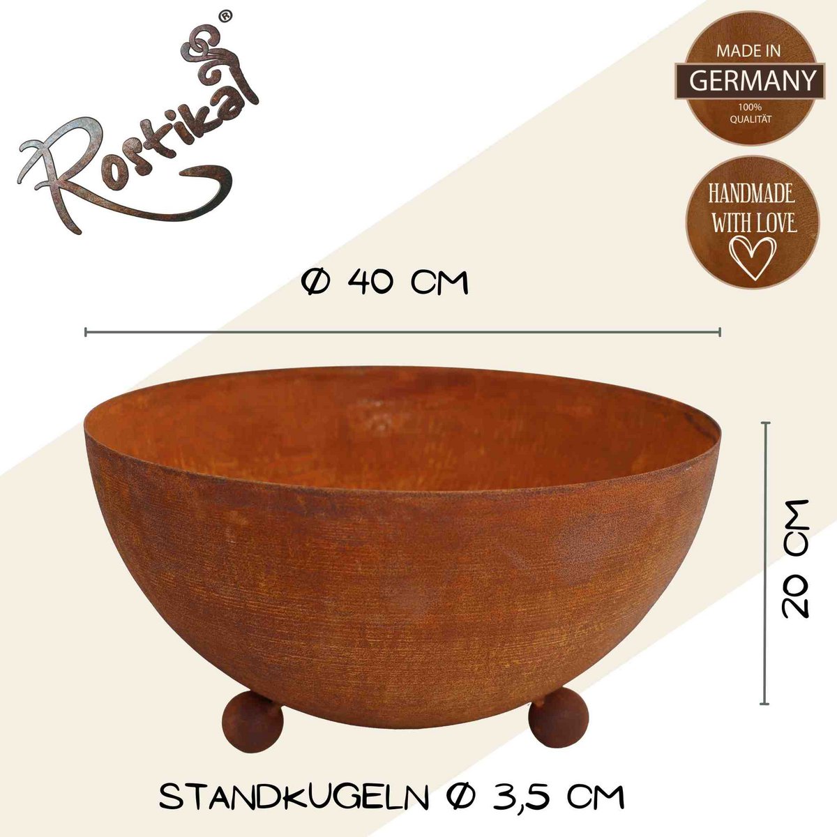 Ronde metalen schaal op pootjes van roest, 4 maten