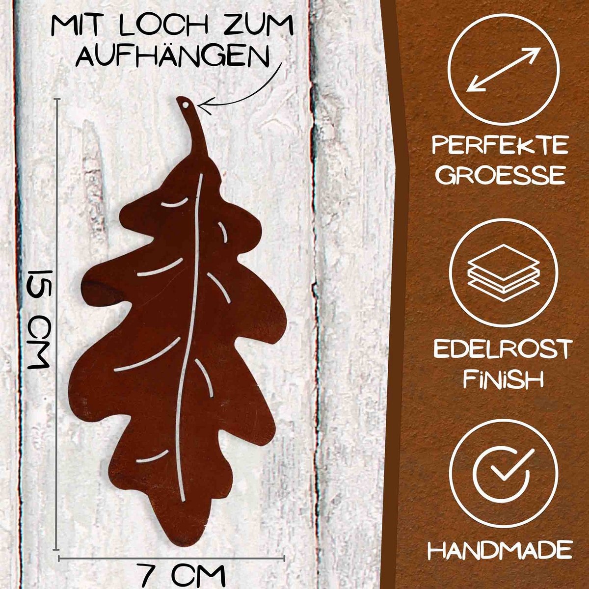 Eikenblad metalen decoratie om op te hangen, roestpatina, 15 × 7 cm