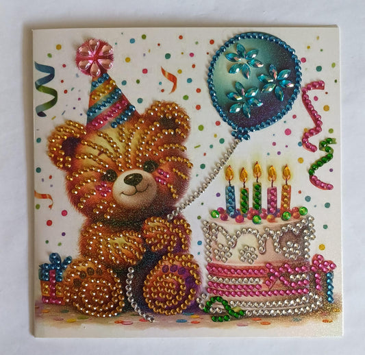 Verjaardagsbeer felicitatiekaart, diamond painting, 15 x 15 cm