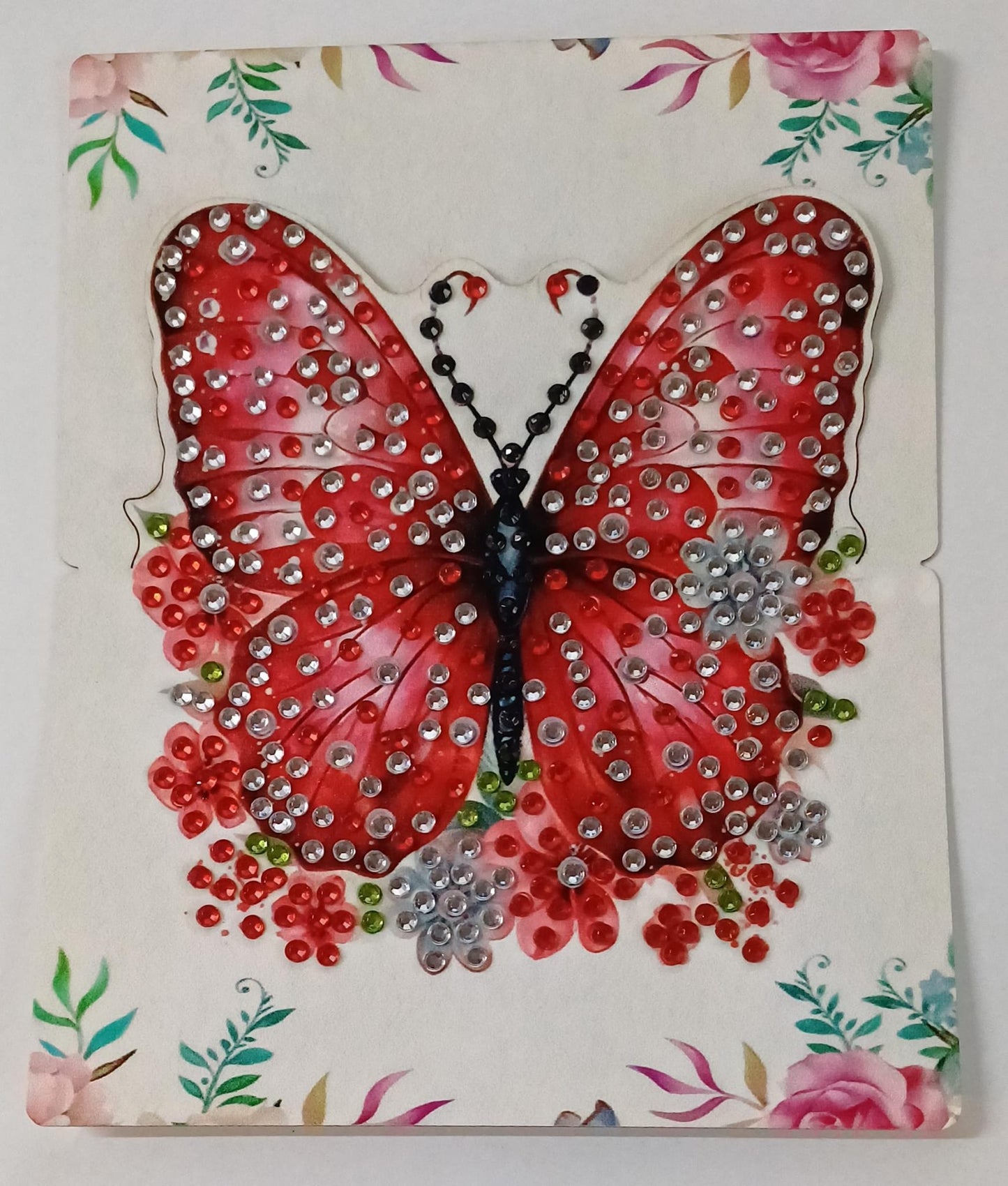 Rode vlinder kaart, diamond painting voltooid, 11,5 x 14 cm