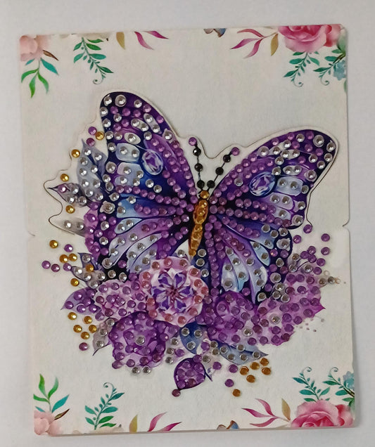 Paarse vlinder kaart, diamond painting voltooid, 11,5 x 14 cm