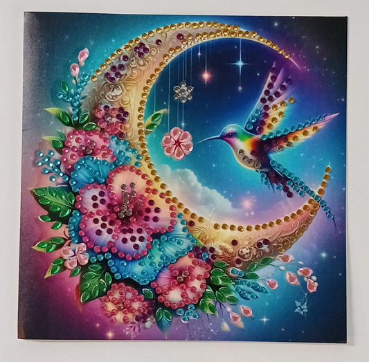 Kolibrie bij maan en bloemen kaart, diamond painting voltooid, 15 x 15 cm