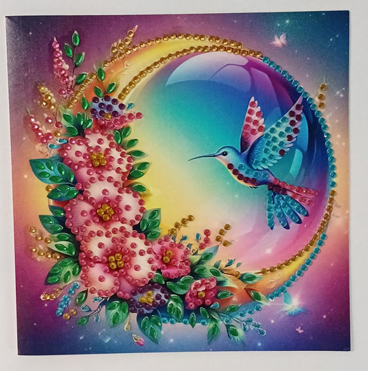 Kolibrie in maanbloemen kaart, diamond painting voltooid, 15 x 15 cm