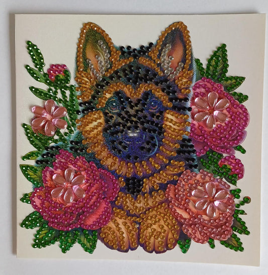 Duitse Herder pup tussen bloemen kaart, diamond painting voltooid, 15 x 15 cm