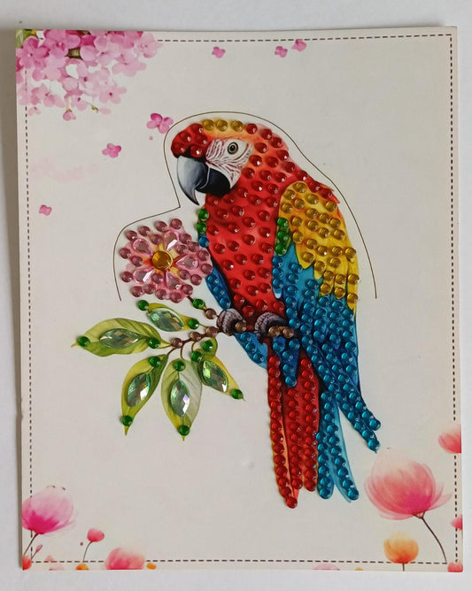 Papegaai op bloementak kaart, diamond painting voltooid, 11,5 x 14 cm