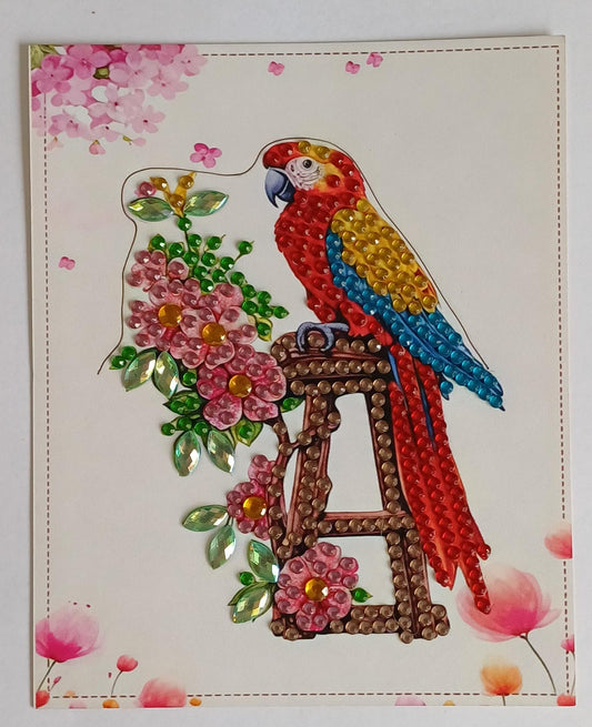 Papegaai op letter A kaart, diamond painting voltooid, 11,5 x 14 cm