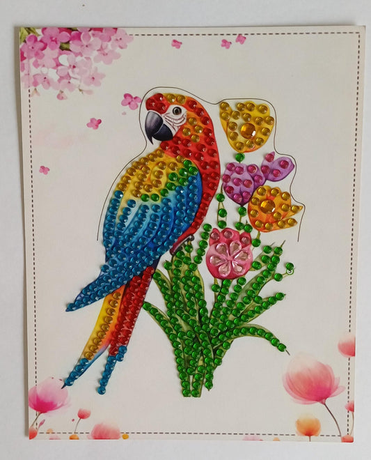 Papegaai tussen bloemen kaart, diamond painting voltooid, 11,5 x 14 cm