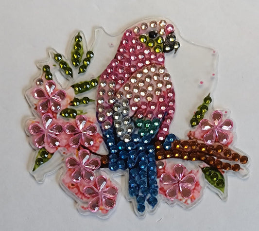 Roze vogel koelkastmagneet met strass steentjes, 8 × 7 cm