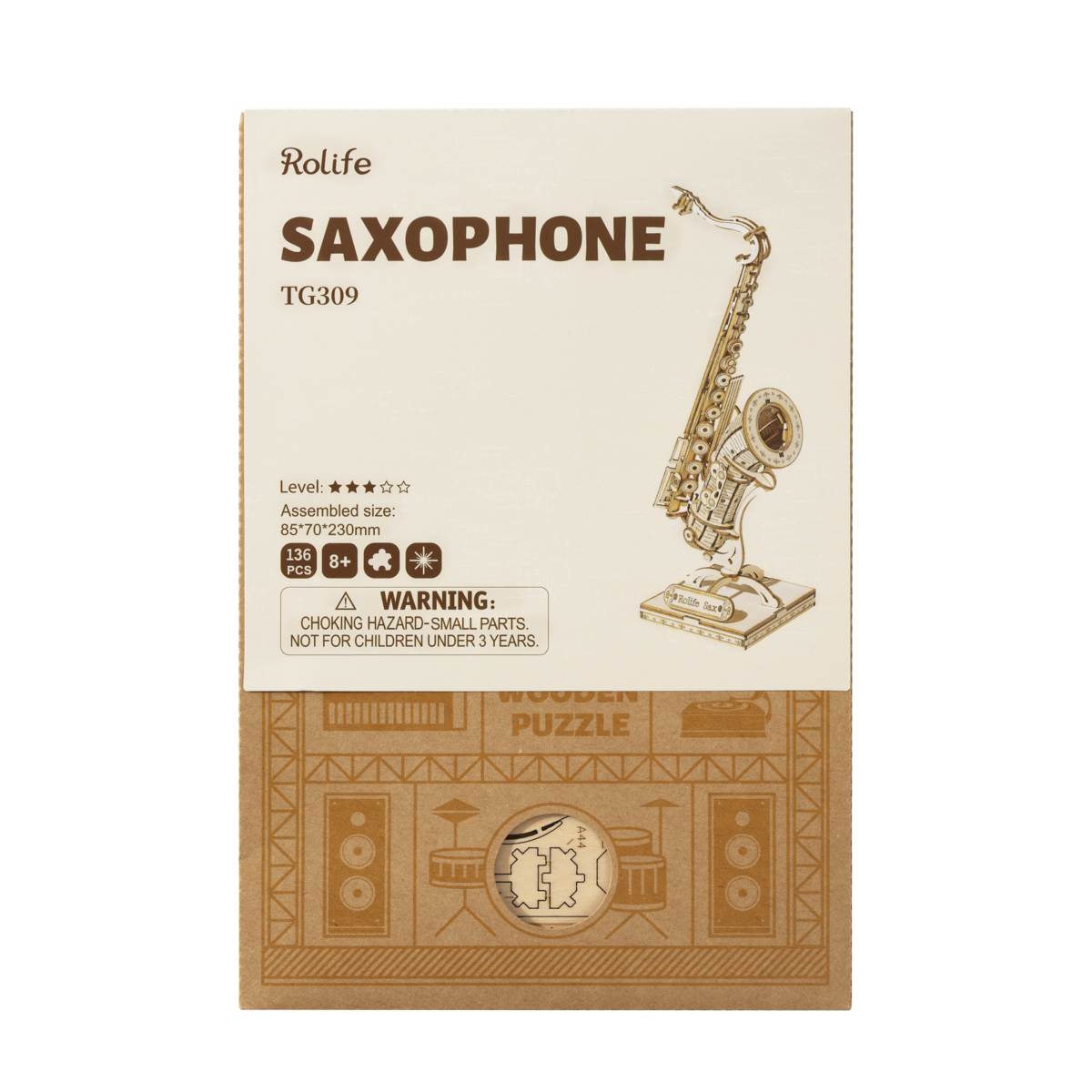 3D houten puzzel saxofoon 8,5 x 7 x 23 cm