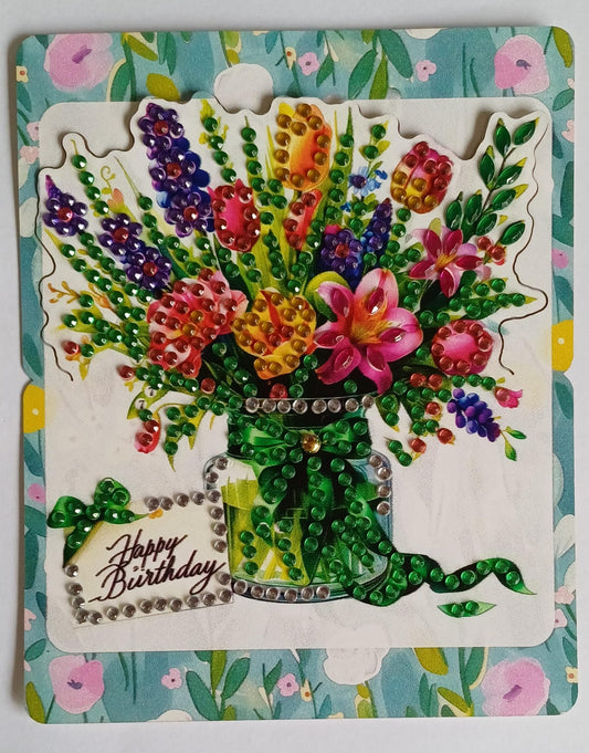 Bloemen verjaardagskaart, diamond painting, 12 x 14,5 cm