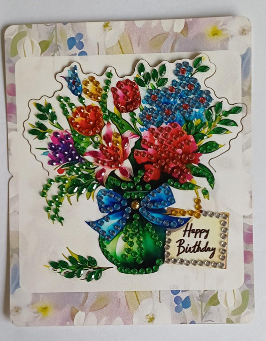 Bloemen verjaardagskaart, diamond painting, 12 x 14,5 cm