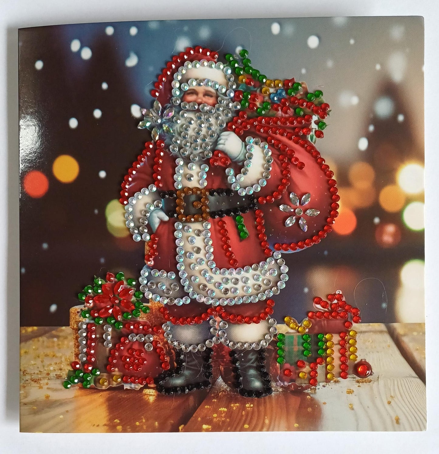 Kerstman met cadeaus, handgemaakte diamond painting kaart, dubbele kerstkaart met envelop, 15 x 15 cm