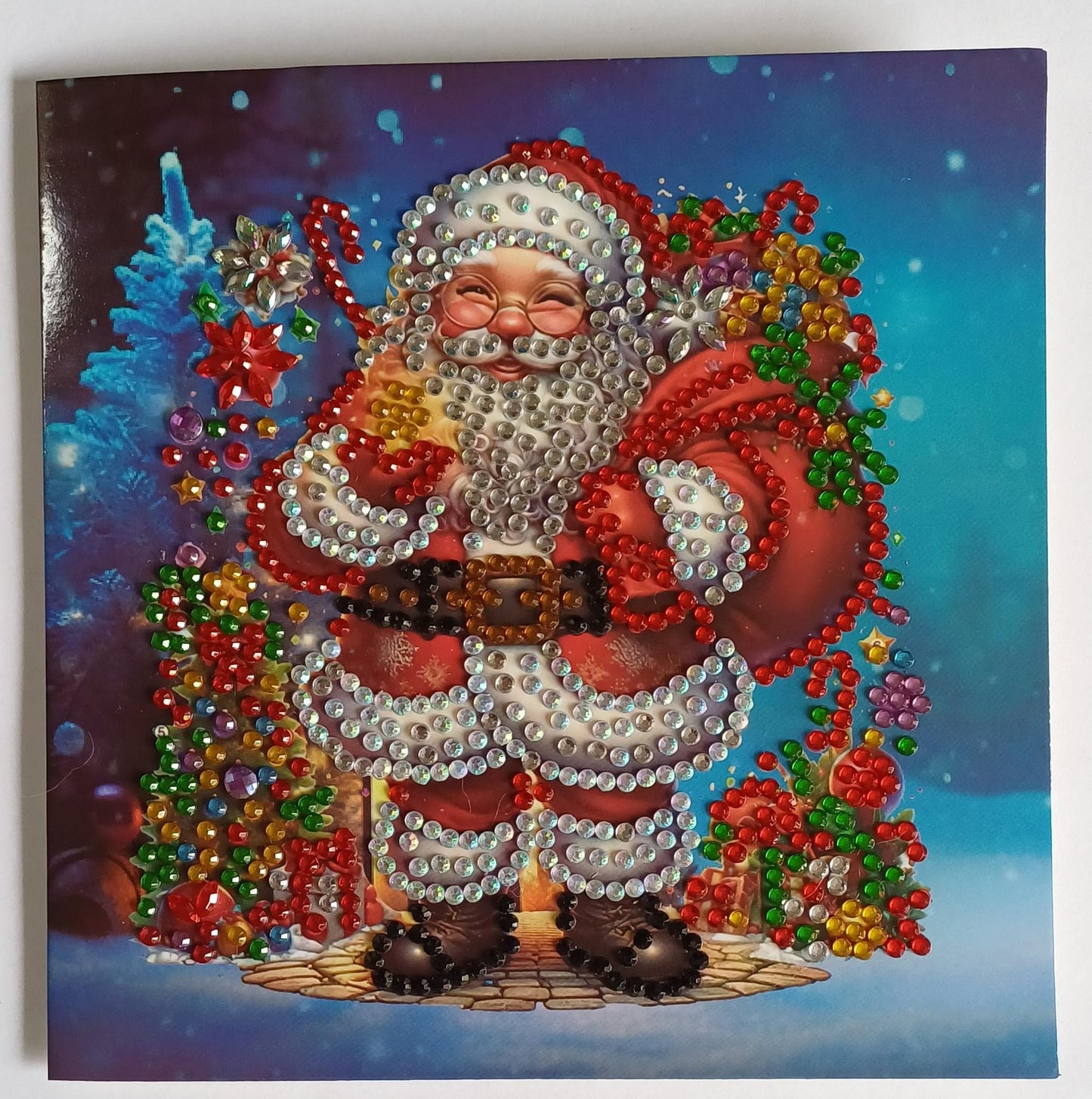 Kerstman met cadeaus, handgemaakte diamond painting kaart, dubbele kerstkaart met envelop, 15 x 15 cm