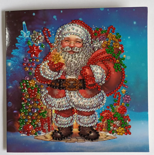 Kerstman met cadeaus, handgemaakte diamond painting kaart, dubbele kerstkaart met envelop, 15 x 15 cm