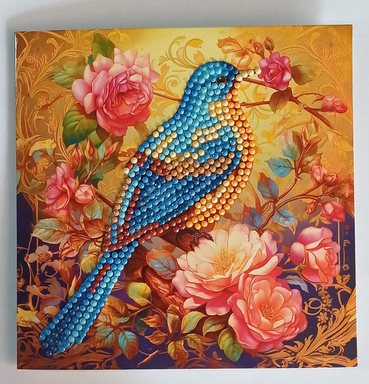 Blauwe vogel tussen rozen wenskaart, diamond painting voltooid, 15 x 15 cm