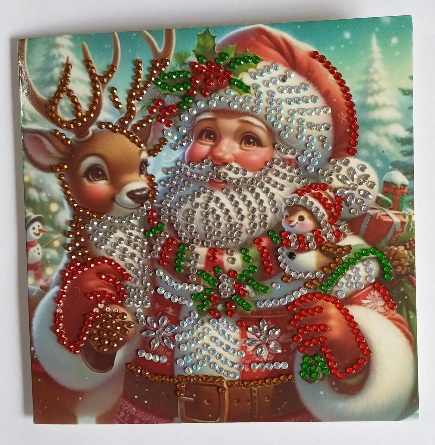 Kerstman met rendier en vogeltje, diamond painting kerstkaart, 15 x 15 cm, inclusief envelop