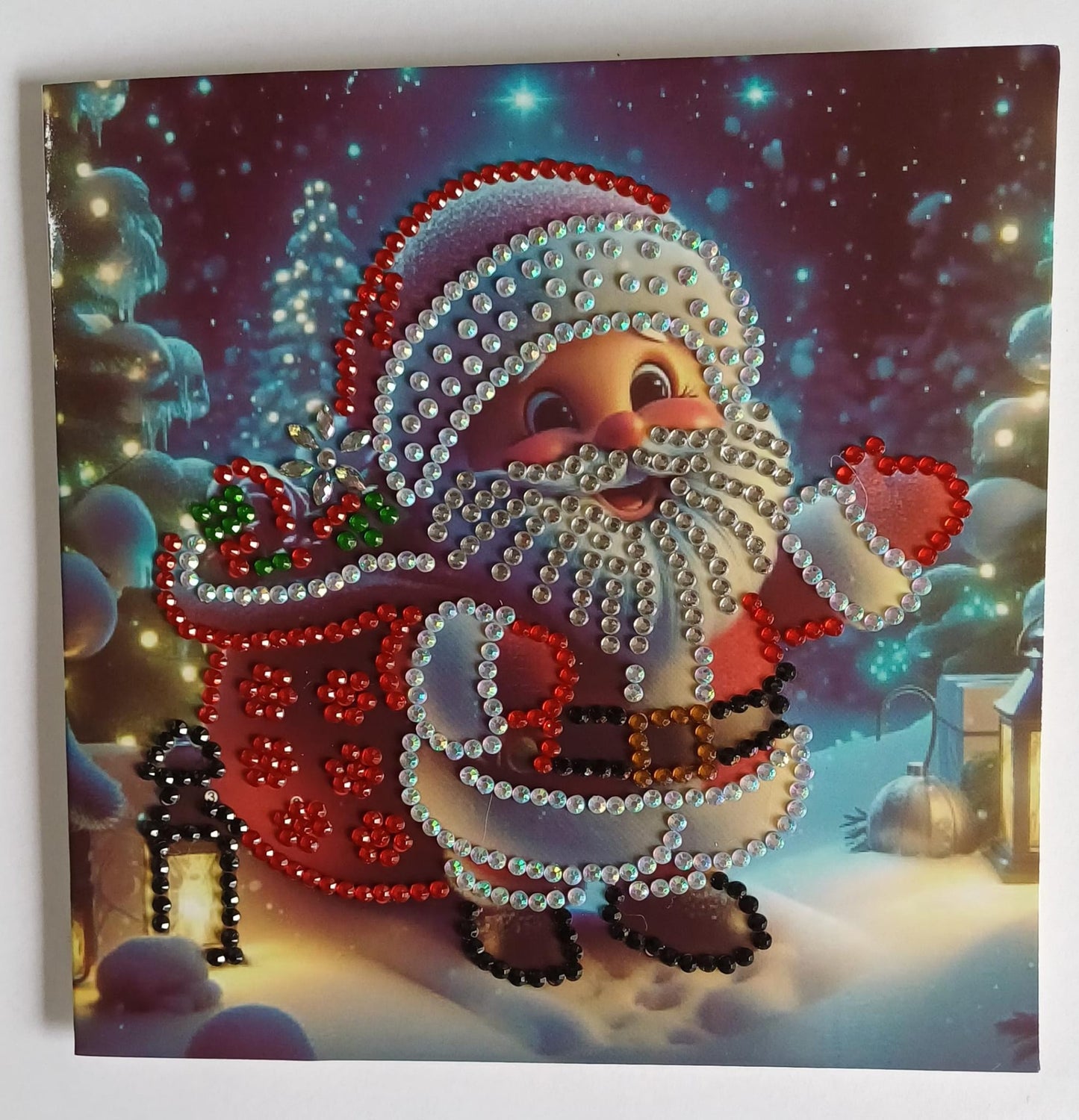 Vrolijke kerstman in winterlandschap, diamond painting wenskaart, 15 x 15 cm