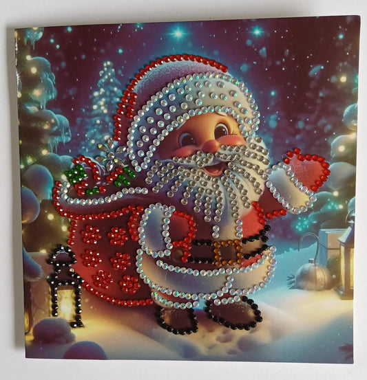 Vrolijke kerstman in winterlandschap, diamond painting wenskaart, 15 x 15 cm