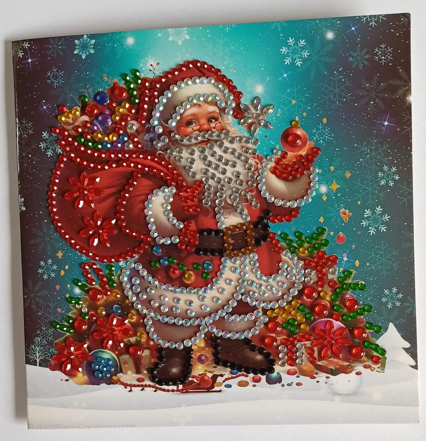 Kerstman met cadeautas, diamond painting wenskaart, 15 x 15 cm