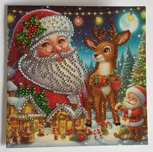 Kerstman en rendier, diamond painting wenskaart, 15 x 15 cm