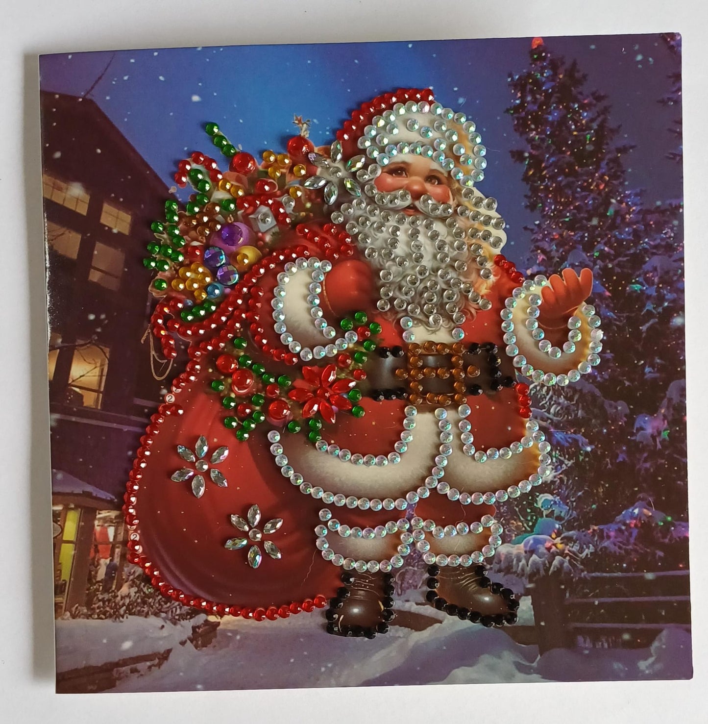Kerstman met cadeautas, diamond painting wenskaart, 15 x 15 cm
