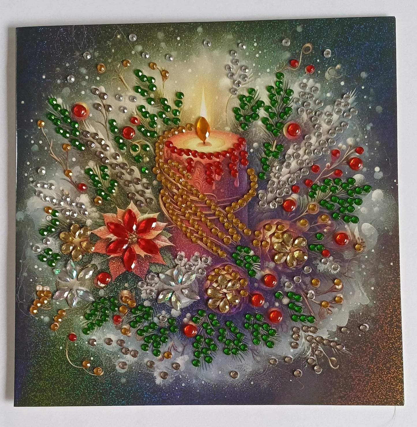 Kerstkaars met wintergroen, diamond painting wenskaart, 15 x 15 cm