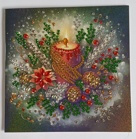 Kerstkaars met wintergroen, diamond painting wenskaart, 15 x 15 cm