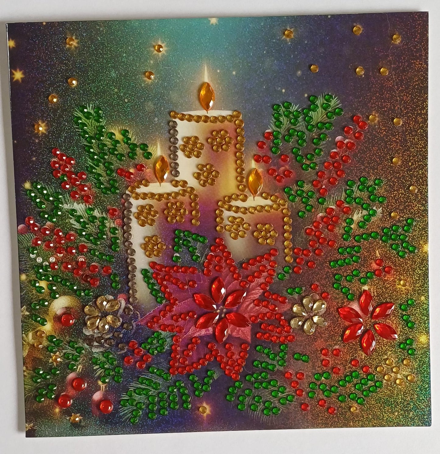 Kerstkaarsen met hulst, diamond painting wenskaart, 15 x 15 cm