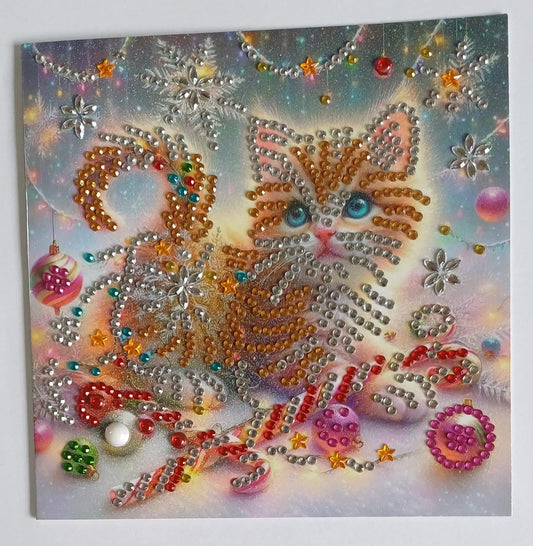 Kerstkat met zuurstokken, diamond painting wenskaart, 15 x 15 cm