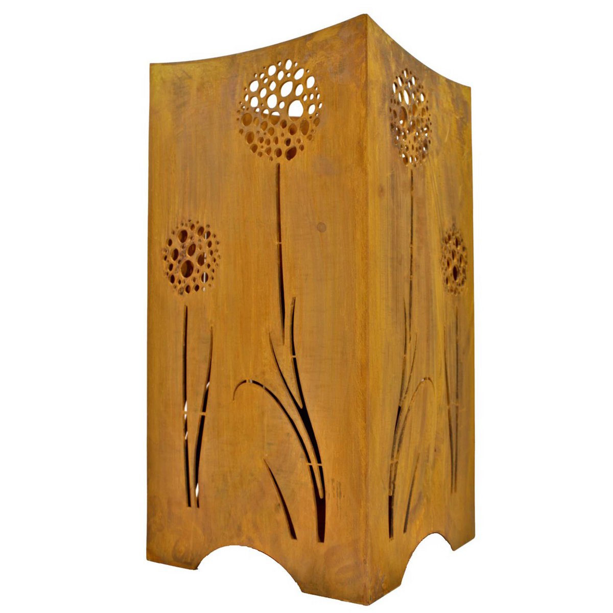 Roestmetalen vuurkorf met paardebloemen voor tuin en terras